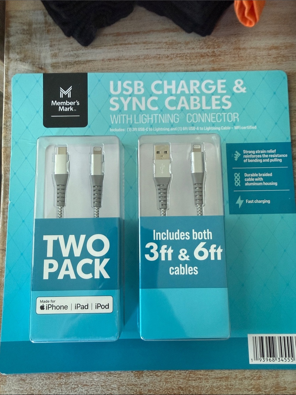 Member's Mark Silver Lightning USB Charge & Sync Cables - 2 Pack (3ft & 6ft)